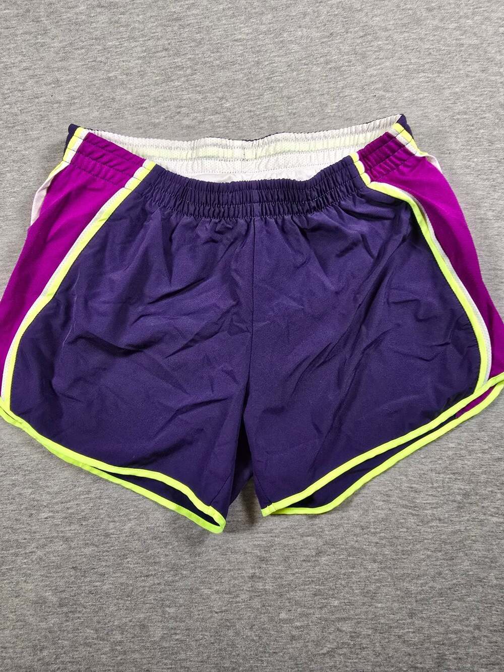 Nike Dri Fit 4" Running Shorts Purple/Neon Yellow Womens Size Small